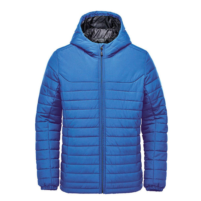 A blue quilted hoody with a zipper and a hood; features a black interior and has a logo.