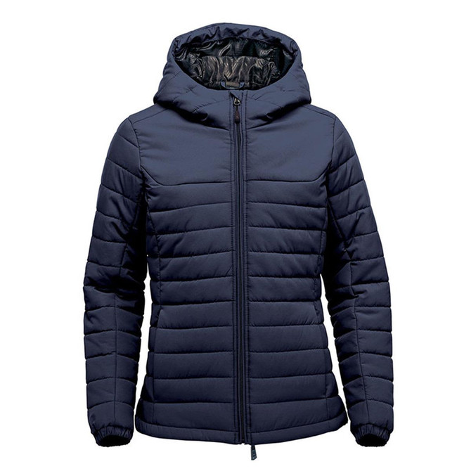 A women's navy quilted hoody with a zip front, hood, and ribbed cuffs; features a logo on the chest.