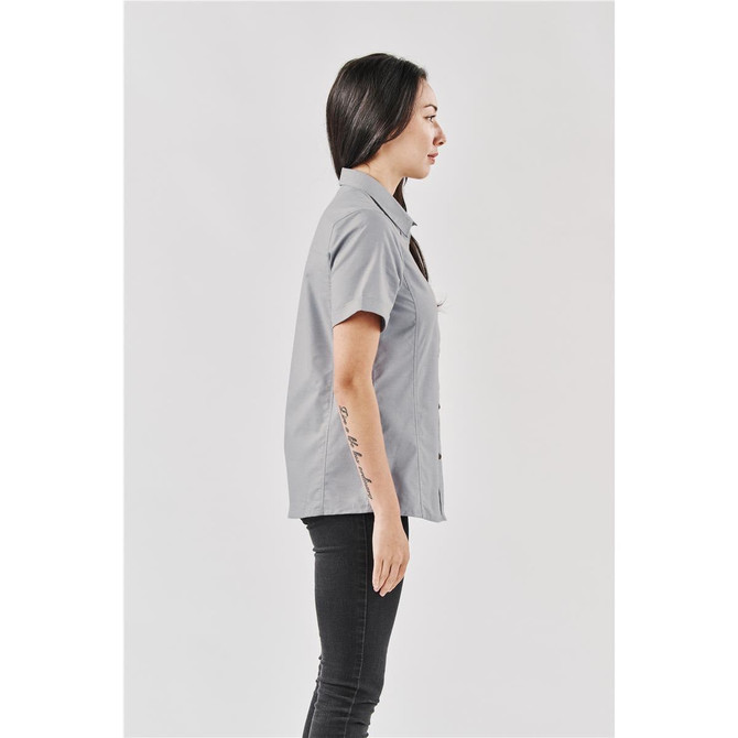 A grey women's button-up shirt with short sleeves, featuring a slim design and a logo.