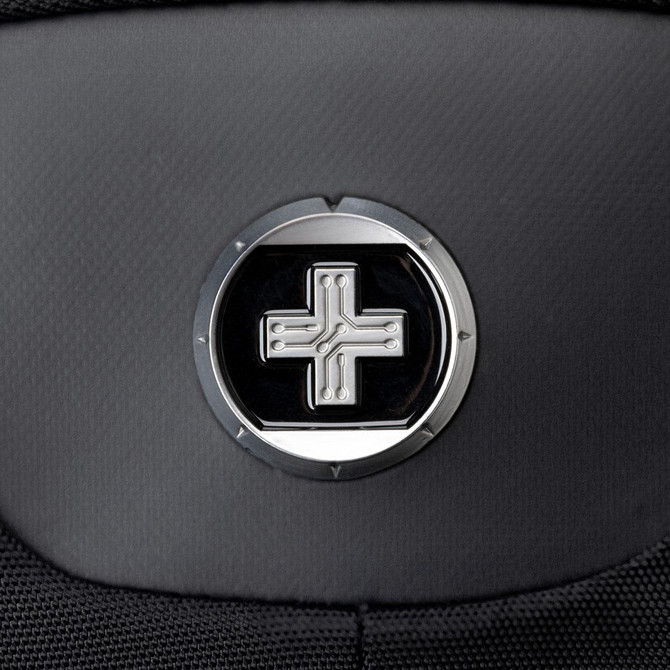 A black laptop backpack featuring a round metallic logo, designed for convenience and functionality.