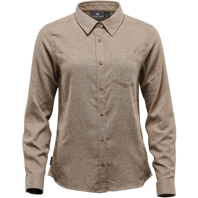A long-sleeve women's button-up shirt in a warm, brown texture, featuring a collar and a chest pocket.