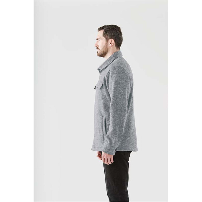A grey unisex fleece shacket is displayed, featuring a collared neckline and a side view of a model.