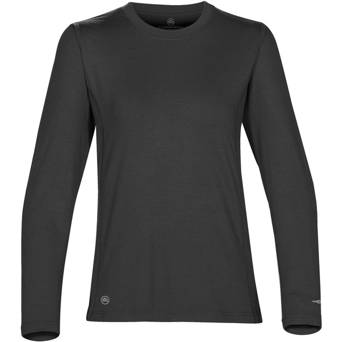 A long-sleeve women's tee in black, featuring a logo on the hem. Made from H2X-Dry fabric.