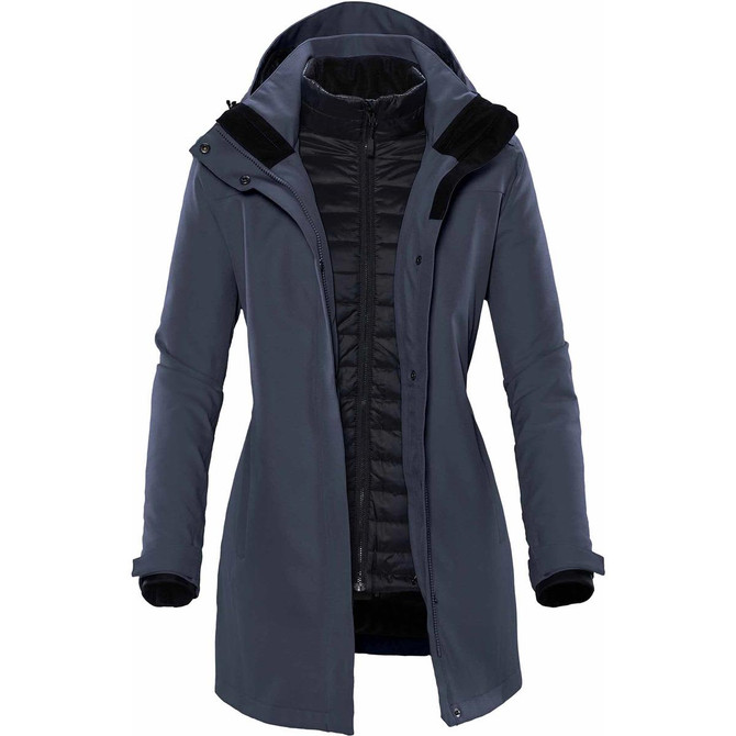 A women's jacket featuring a combination of dark grey outer fabric and a black inner lining, with a hood and stylish cut.