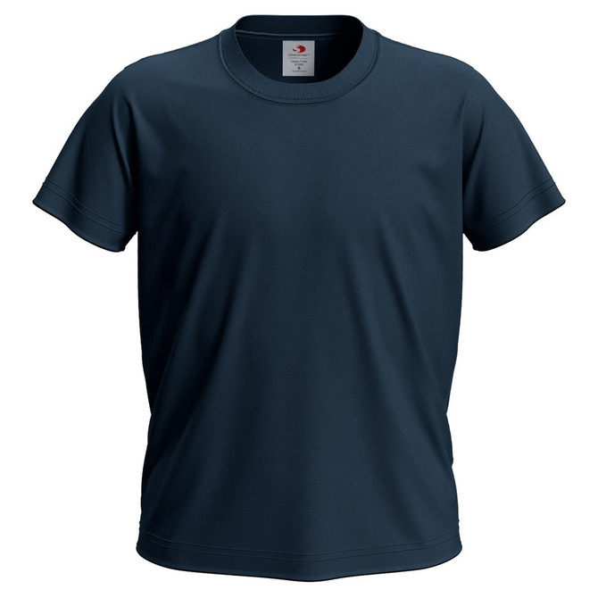 A navy blue t-shirt with a crew neckline and short sleeves, featuring a branding logo at the neckline.
