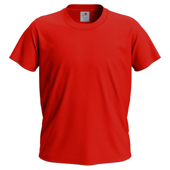 A red junior classic T-shirt with short sleeves, featuring a branding logo on the label.