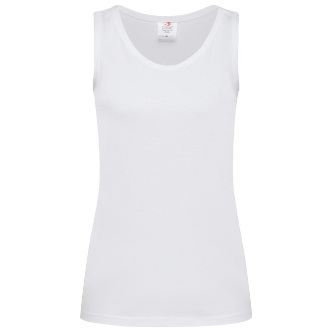 A white women's classic tank top with a scoop neckline and narrow shoulder straps, featuring a logo.