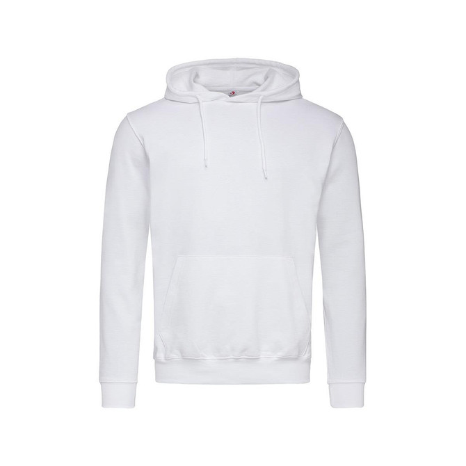 A men's hooded sweatshirt in white with a front pocket and logo. Features a drawstring hood and ribbed cuffs.