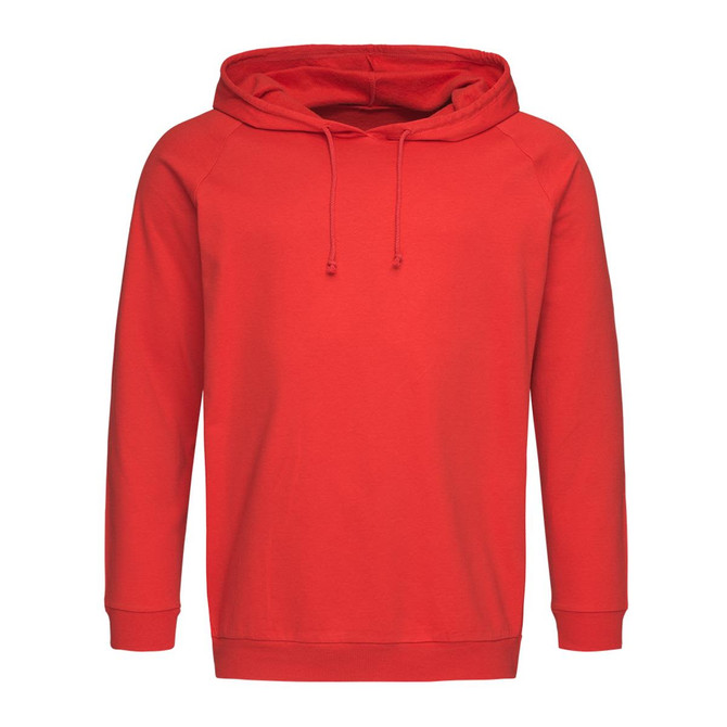 A red unisex hooded sweatshirt with a front pocket and drawstring hood, featuring long sleeves and ribbed cuffs.