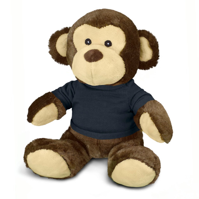 A brown plush monkey toy with cream accents, wearing a dark blue shirt, featuring a branding logo.