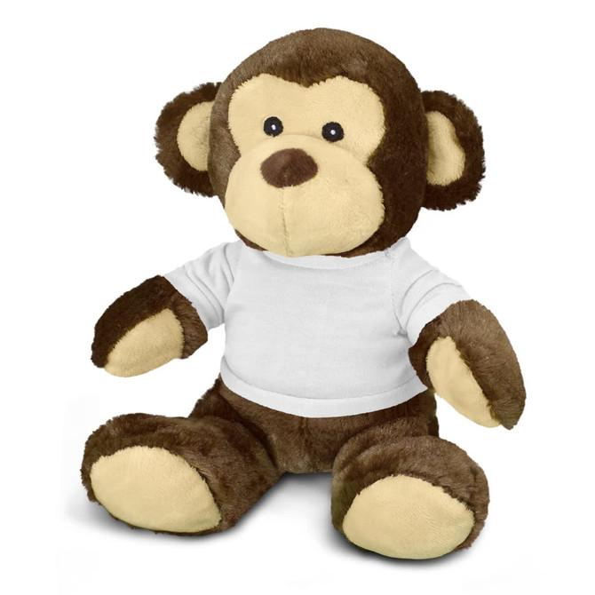 A brown monkey plush toy wearing a white t-shirt, featuring soft texture and large round ears.