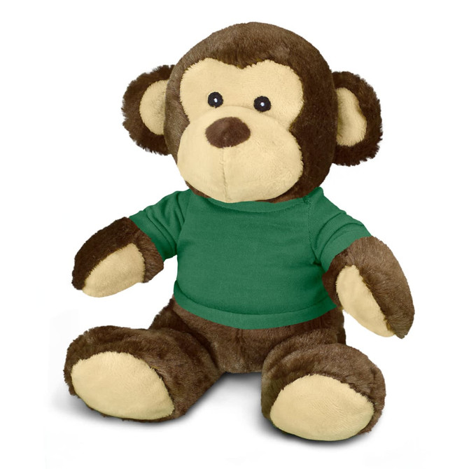 A brown monkey plush toy wearing a green shirt, featuring soft fur and a friendly expression.