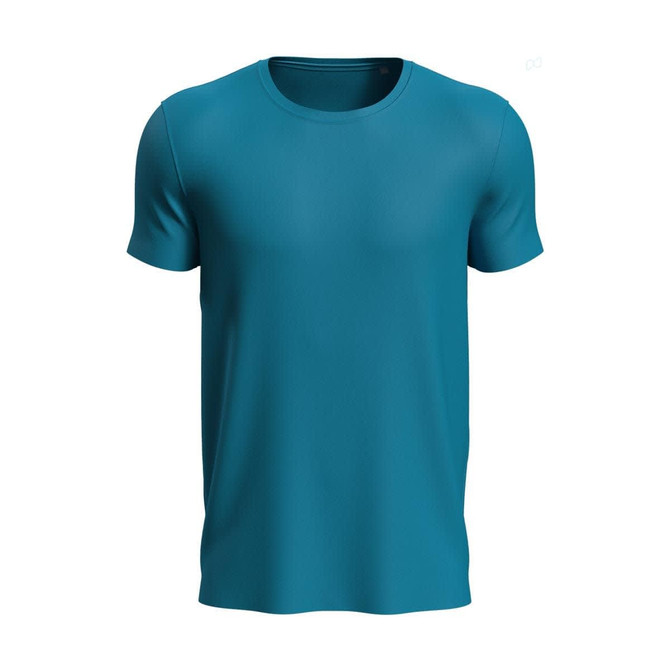 A teal men's active sports T-shirt featuring a round neckline and short sleeves. It includes a branding logo.