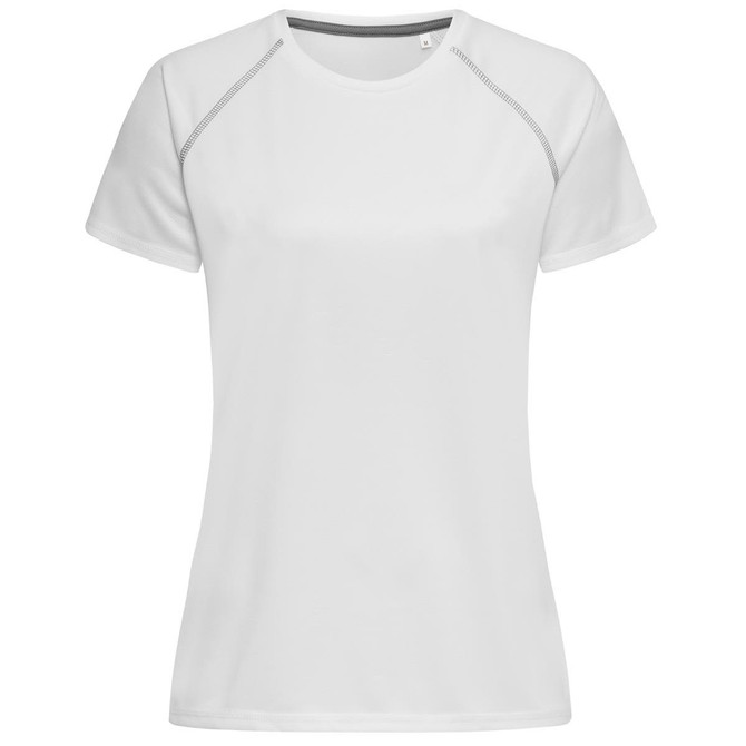 A white Women's Active Team Raglan t-shirt featuring short sleeves and a logo.