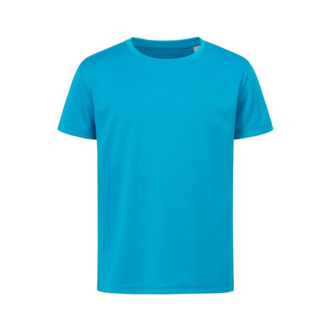 A bright turquoise t-shirt featuring a simple design and a logo on the front.