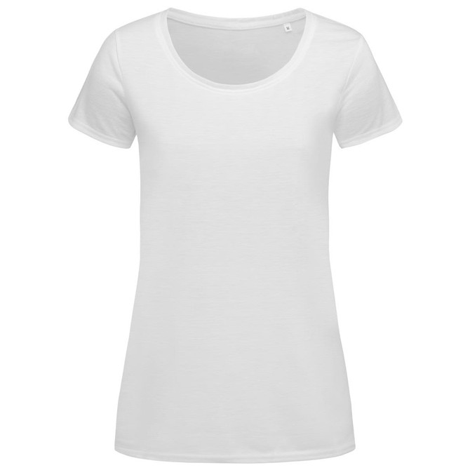 A white women's T-shirt with a scoop neckline and short sleeves, featuring a logo.
