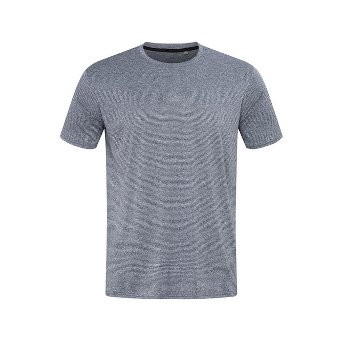 A grey patterned men's T-shirt with a round neck and short sleeves, featuring a logo on the chest.