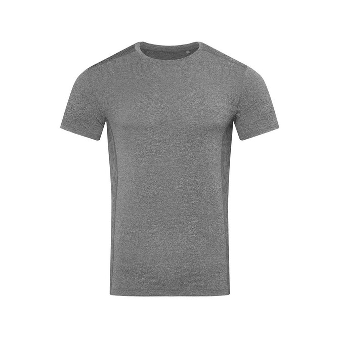 A grey recycled sports T-shirt with a simple design and short sleeves. Features a logo on the fabric.