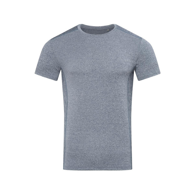 A grey men's recycled sports T-shirt with a round neckline and short sleeves, featuring a small logo.