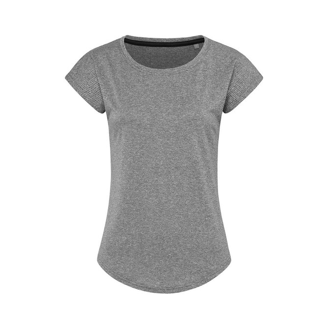 A grey women's recycled sports T-shirt with short sleeves and a rounded hem, featuring a logo.