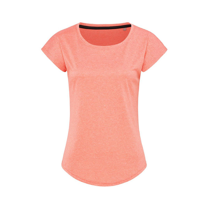 A women's short-sleeve t-shirt in a vibrant coral colour, featuring a subtle striped pattern and a branding logo.