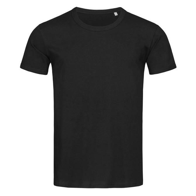 A black crew neck t-shirt featuring short sleeves and a branding logo.