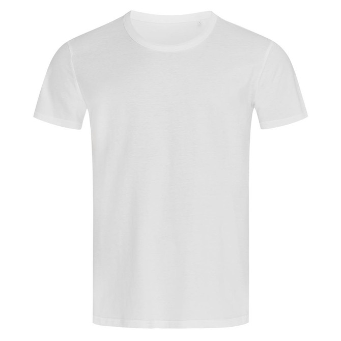 A white crew neck t-shirt featuring short sleeves and a simple design, with a small logo on the label.