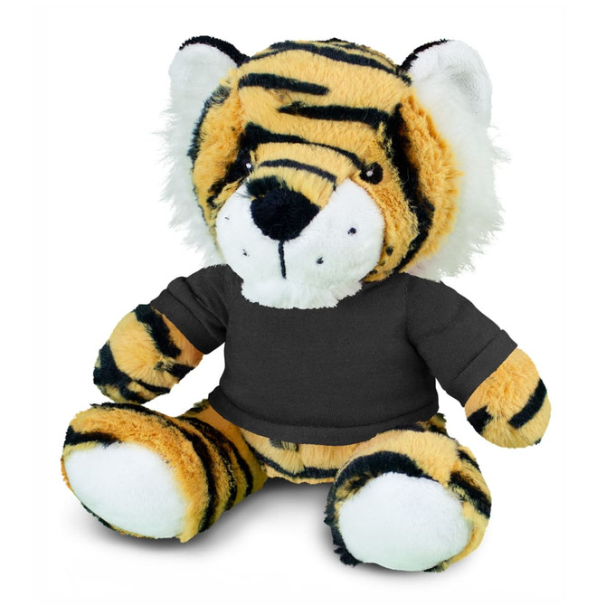A plush tiger toy featuring orange and black stripes, wearing a black shirt, with soft fur and white accents.