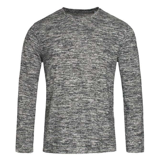 A men's knitted jumper in a textured grey pattern with long sleeves. Features a subtle logo.