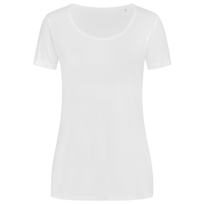 A white women's T-shirt with short sleeves and a round neckline. It features a brand logo.