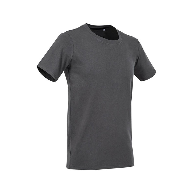 A grey crew neck t-shirt with short sleeves, featuring a logo on the chest.