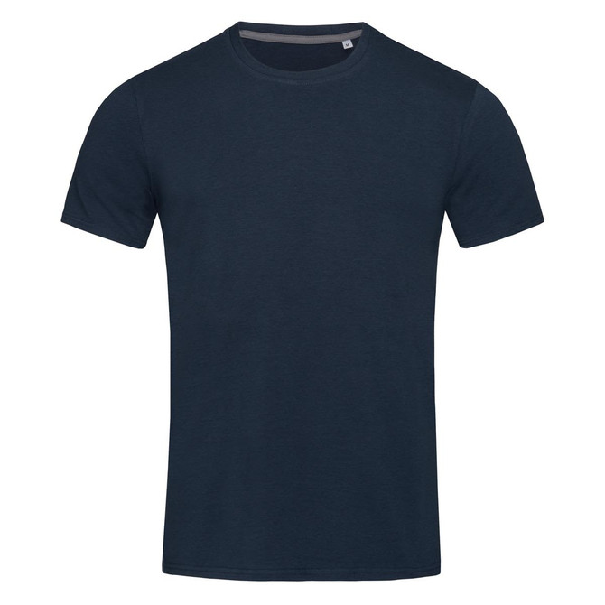 A navy blue crew neck t-shirt featuring short sleeves and a simple design. It has a logo on the label.