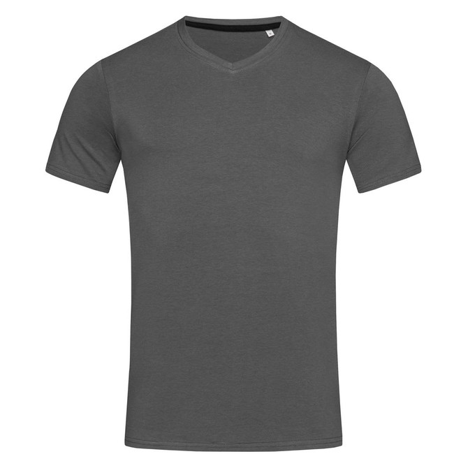 A grey men's V-neck T-shirt with short sleeves. Features a subtle logo on the front.