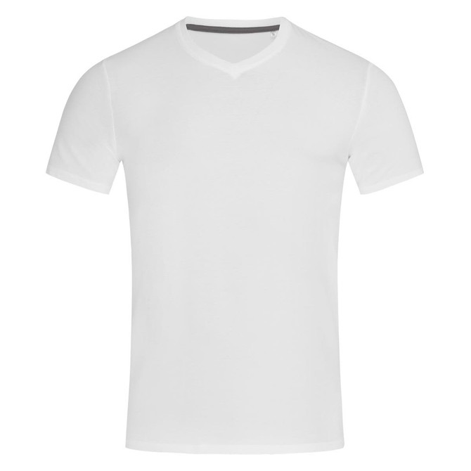 A plain white men's V-neck T-shirt with short sleeves and a subtle logo on the neck.