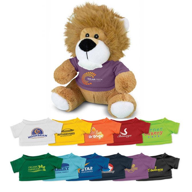A plush lion toy with a brown body, white muzzle, and a mane, wearing a purple shirt. Various coloured shirts are displayed below.