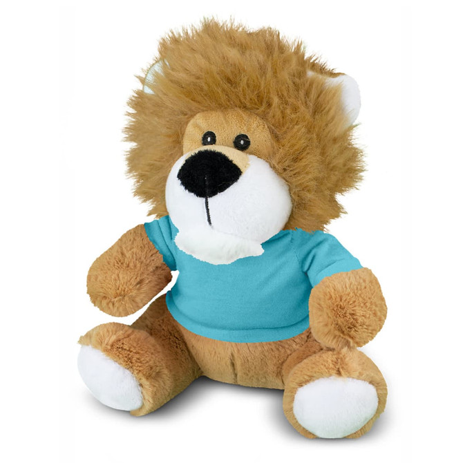 A lion plush toy with a fluffy mane, wearing a turquoise shirt, in a seated position. The toy features soft, tan fur and white paws.