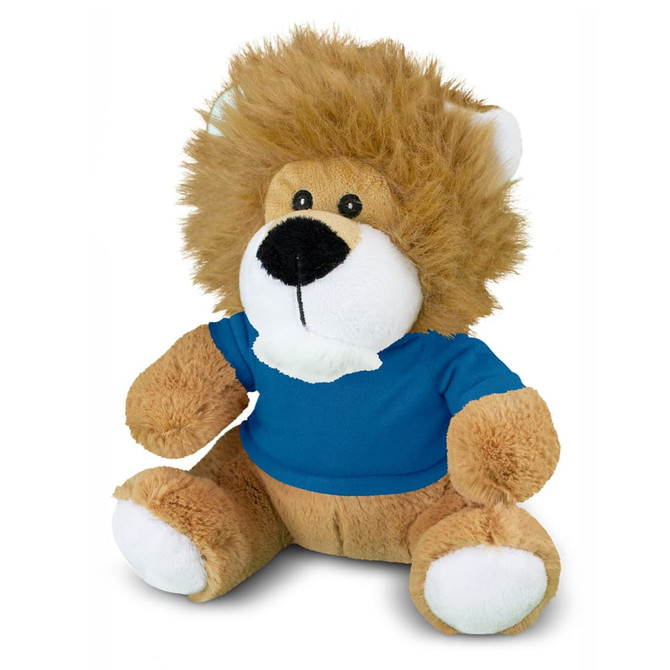A plush lion toy with a fluffy mane, tan body, and wearing a blue shirt, featuring a friendly face.