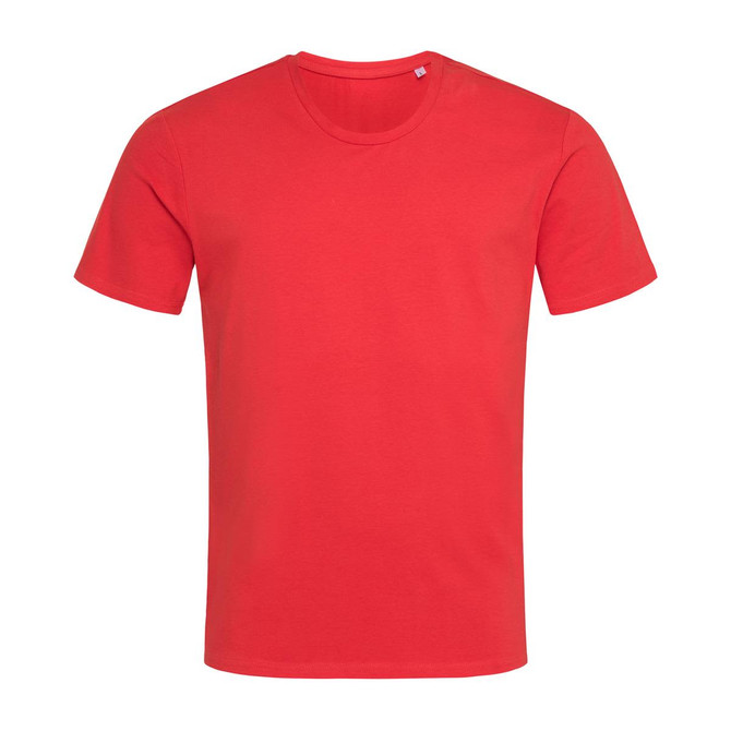 A red crew neck t-shirt with short sleeves and a small logo on the neckline.