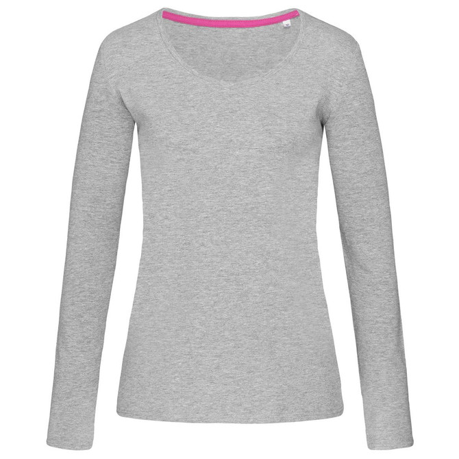 A grey women's long sleeve t-shirt with a V-neck, featuring a contrasting inner neckline and a logo.
