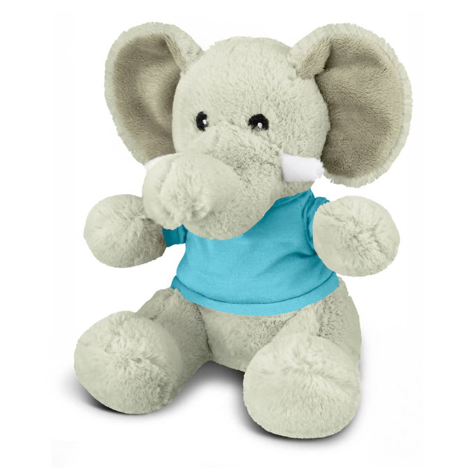 A plush elephant toy in light grey with large ears and a turquoise T-shirt. It has a friendly expression.