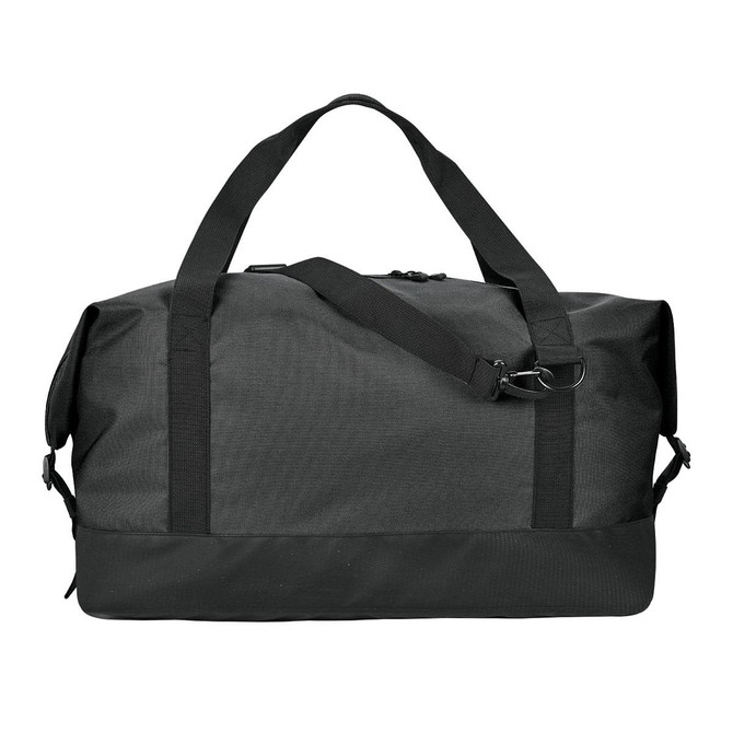 A black duffle bag features dual handles and a detachable shoulder strap, with an adjustable buckle and a branding logo.