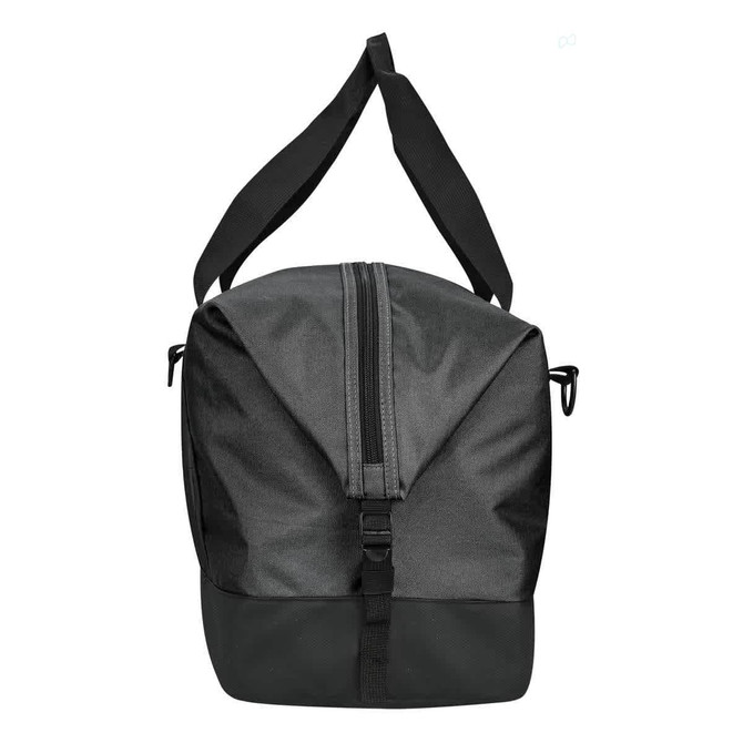 A black duffle bag with a zippered top and adjustable shoulder strap, featuring a logo on the front.