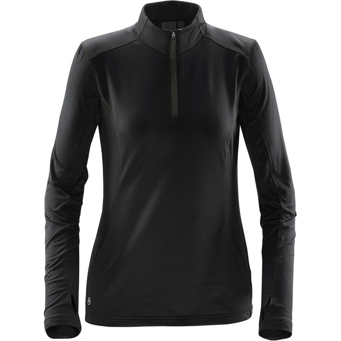 A women's black fleece pullover with a quarter zip and long sleeves, featuring a small logo on the hem.