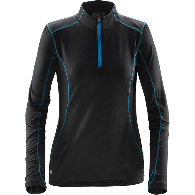 A women's long-sleeve black fleece pullover with blue piping and a zip collar, featuring a logo.