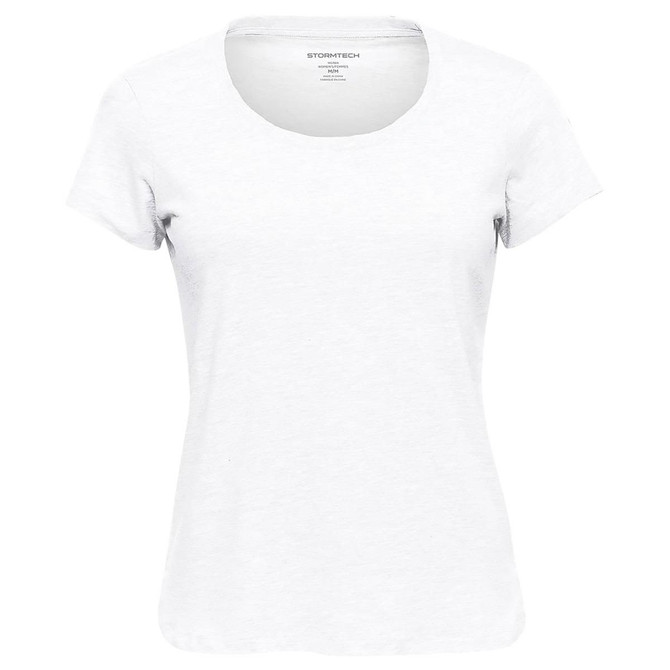 A white crew neck t-shirt for women with short sleeves. The shirt has a logo inside the neckline.