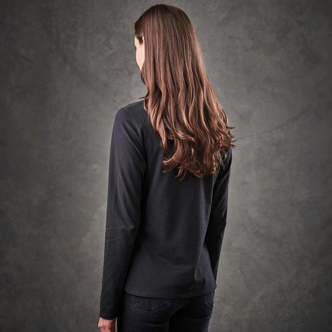 A long-sleeve black henley shirt featuring a fitted style and a smooth fabric finish, with a logo on the back.