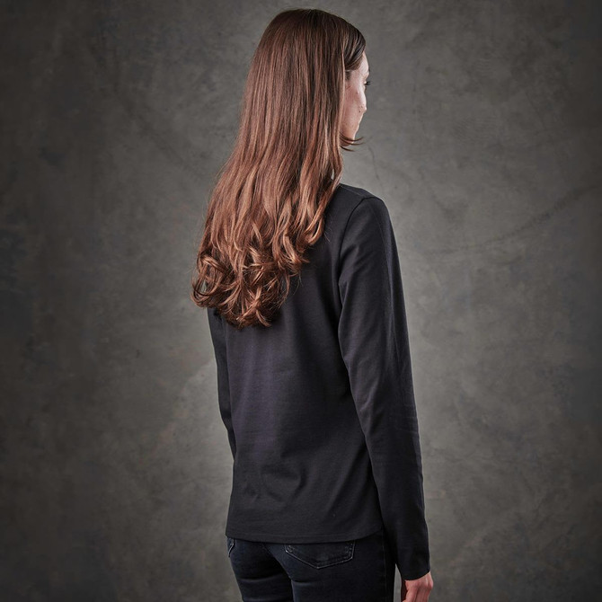 A black long-sleeve henley shirt for women, displayed from the back, with a simple design and a fitted silhouette.