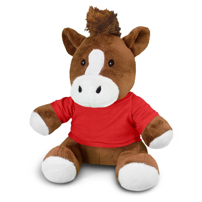 A brown horse plush toy wearing a red shirt, featuring a fluffy mane and a friendly expression.