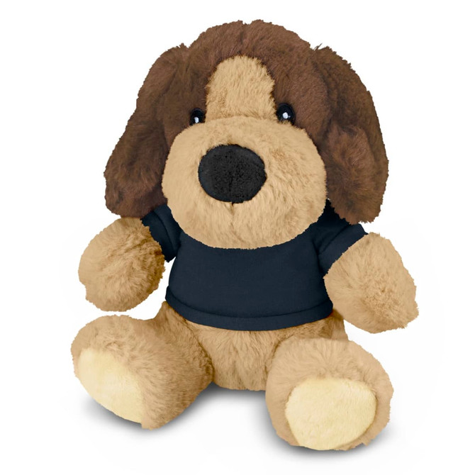 A brown and tan plush dog toy wearing a dark blue T-shirt, featuring soft textured fur and a friendly expression.