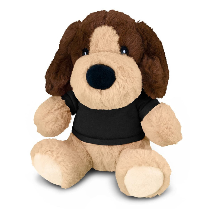 A plush toy dog with brown and tan fur, wearing a black shirt and featuring large, friendly eyes.